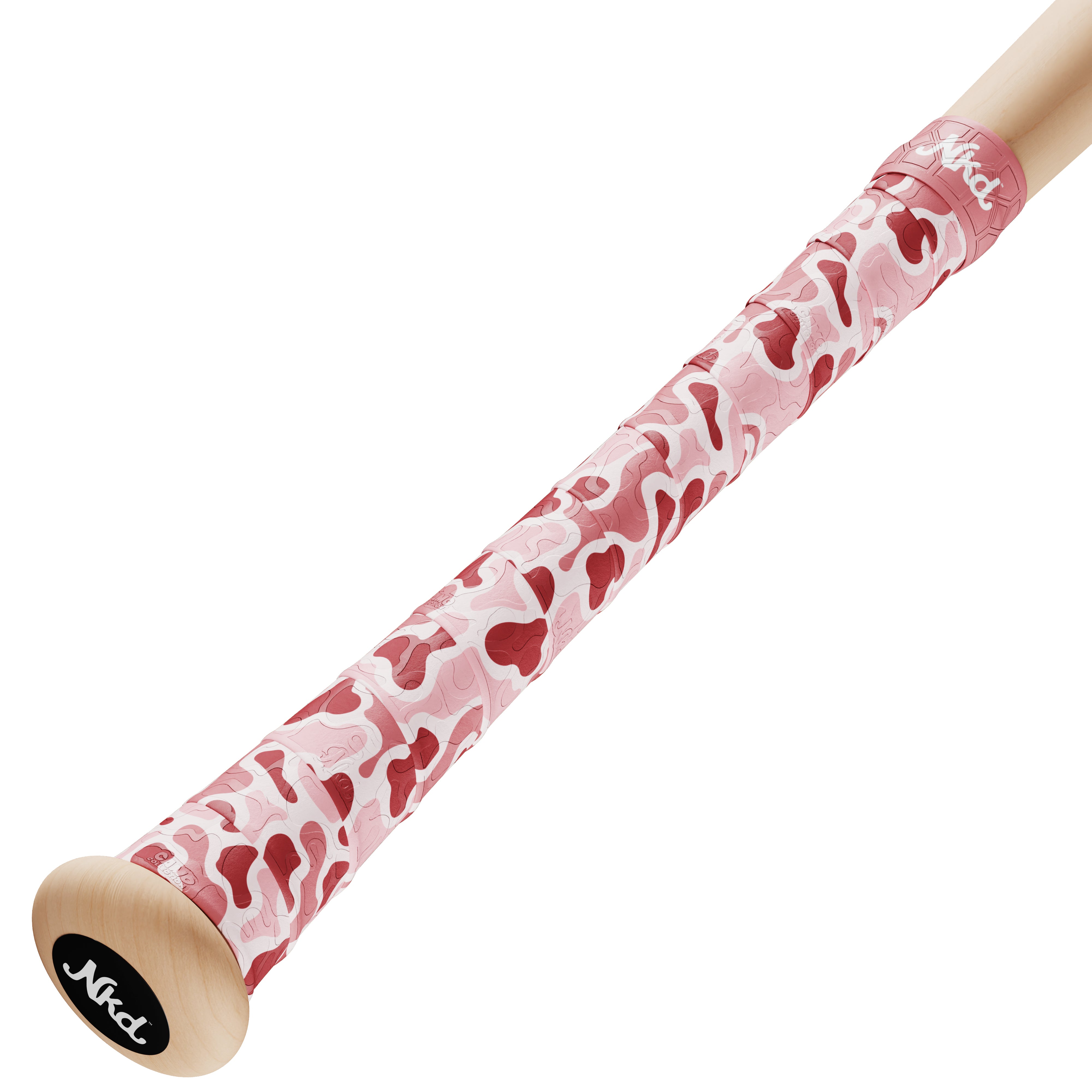 Naked grips camo collection wood bat handle with salmon camouflage style bat grip with various shades of pink and red.