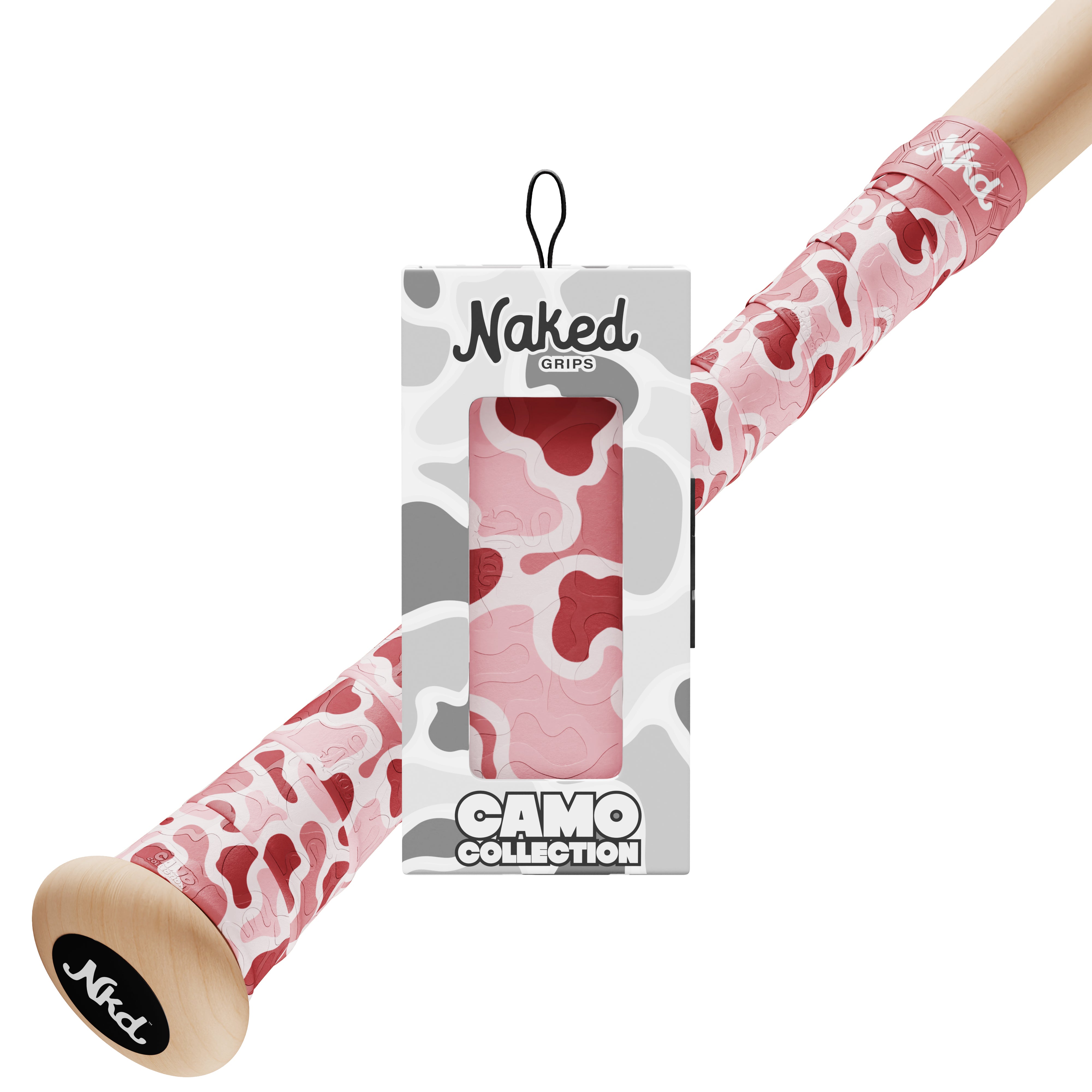 Naked grips camo collection grip box with wood bat handle in background with salmon camouflage style bat grip with various shades of pink and red.