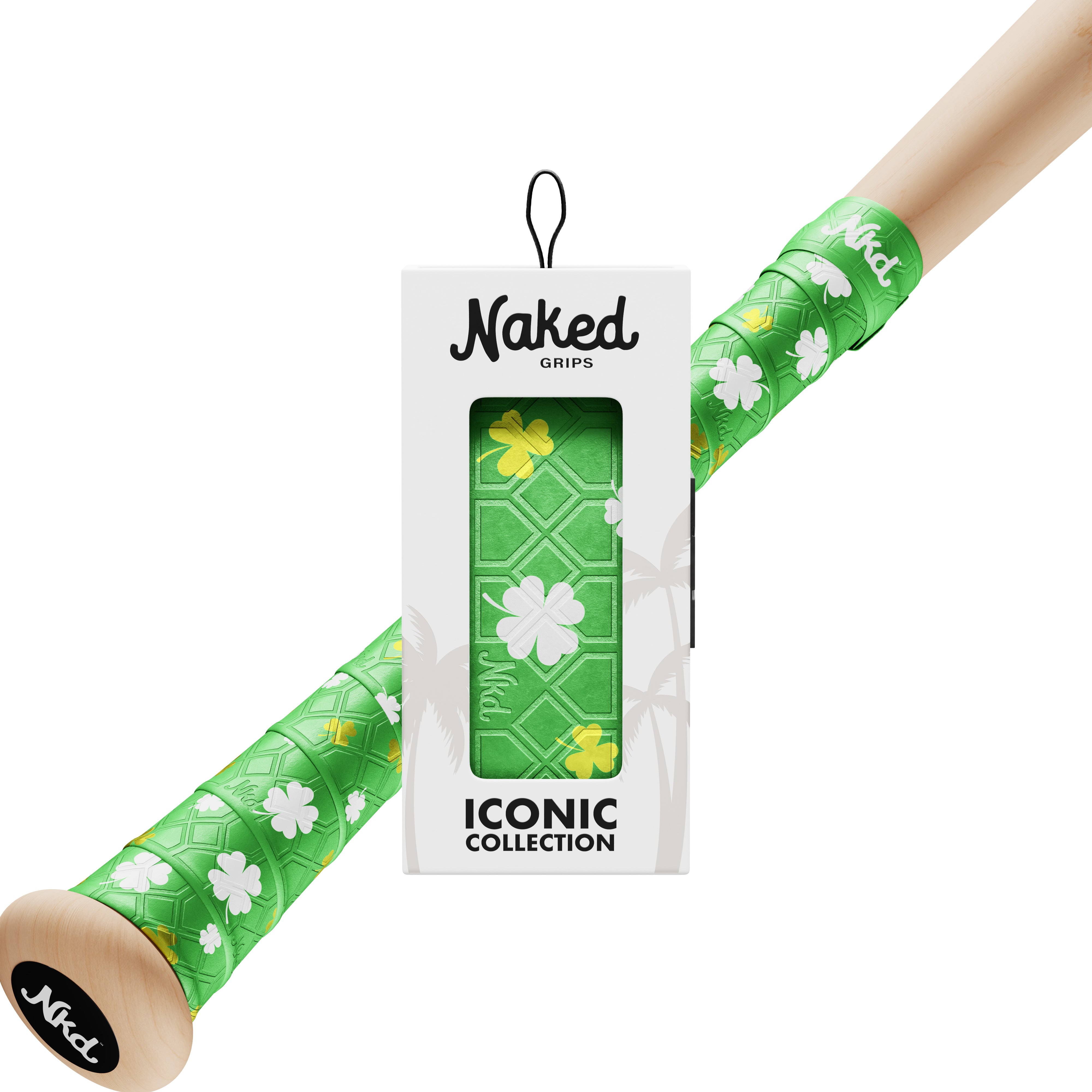 Naked grips shamrock bat grip in its packaging with a wooden bat wrapped in the shamrock bat grip on a white background.