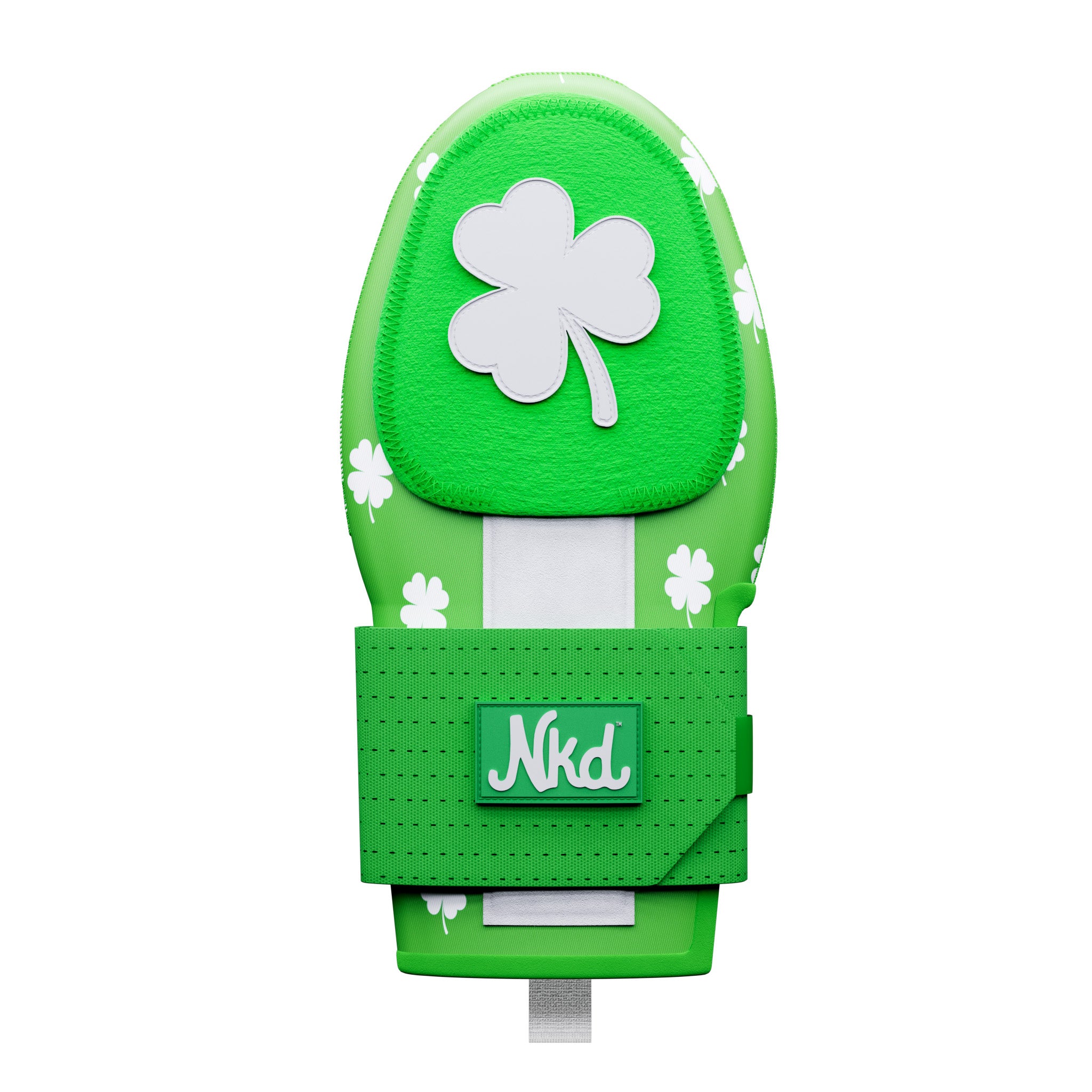 Photo of a green sliding mitt decorated with white shamrocks all over on a white background. 