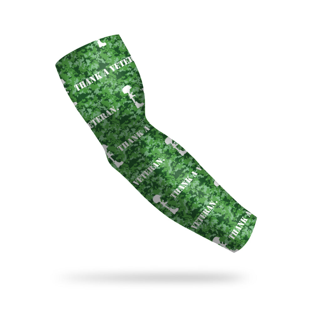 photo of an arm sleeve decorated with digital camouflage and the works thank a veteran on it. 