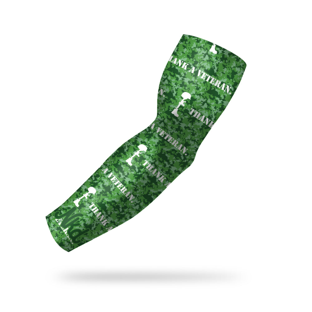 photo of an arm sleeve decorated with digital camouflage and the works thank a veteran on it.