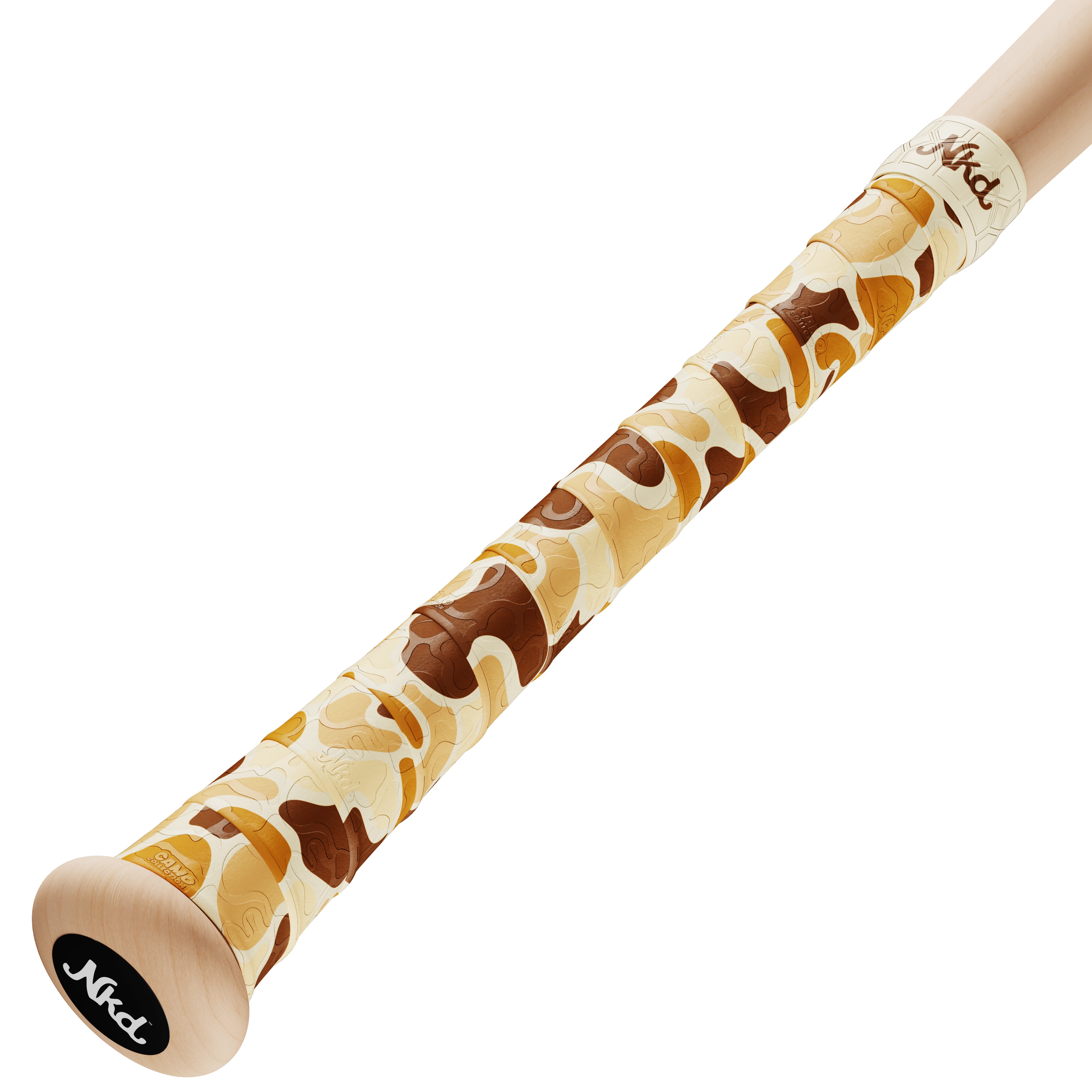 A close-up of a baseball bat handle wrapped in a beige, brown, and tan camouflage grip tape.