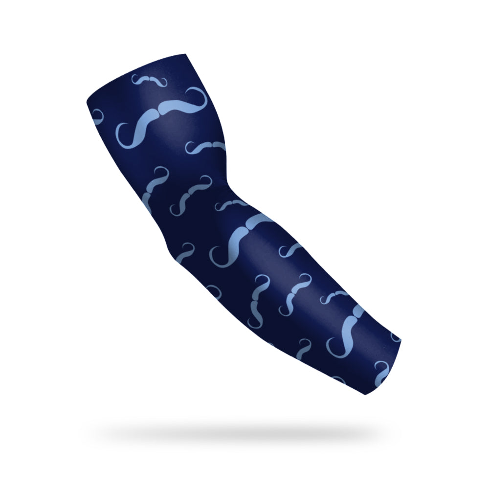 Photo of a dark blue compression sleeve decorated with light blue mustache icons on a white background.