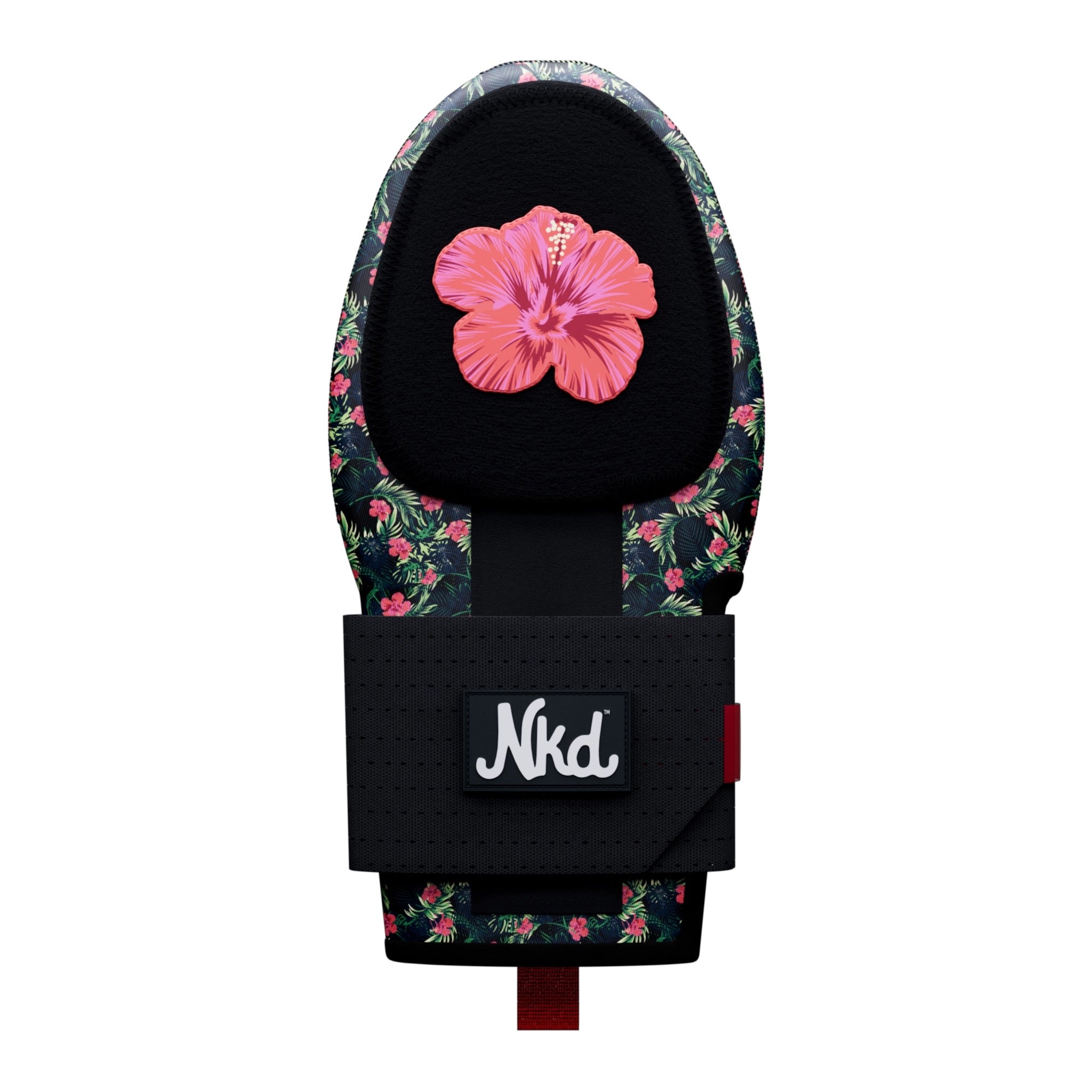 Photo os a black sliding mitt with a tropical pattern printed all over it and a flower rubber stamp on the front floating on a white background.