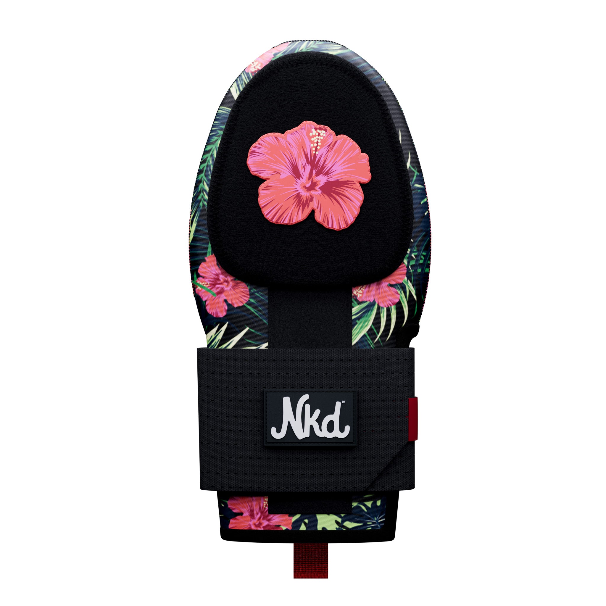 tropics sliding mitt image on a white background. primary icon on sliding mitt is large pink hibiscus with hibiscus pattern on the broader mitt. nkd logo on wrist strap.
