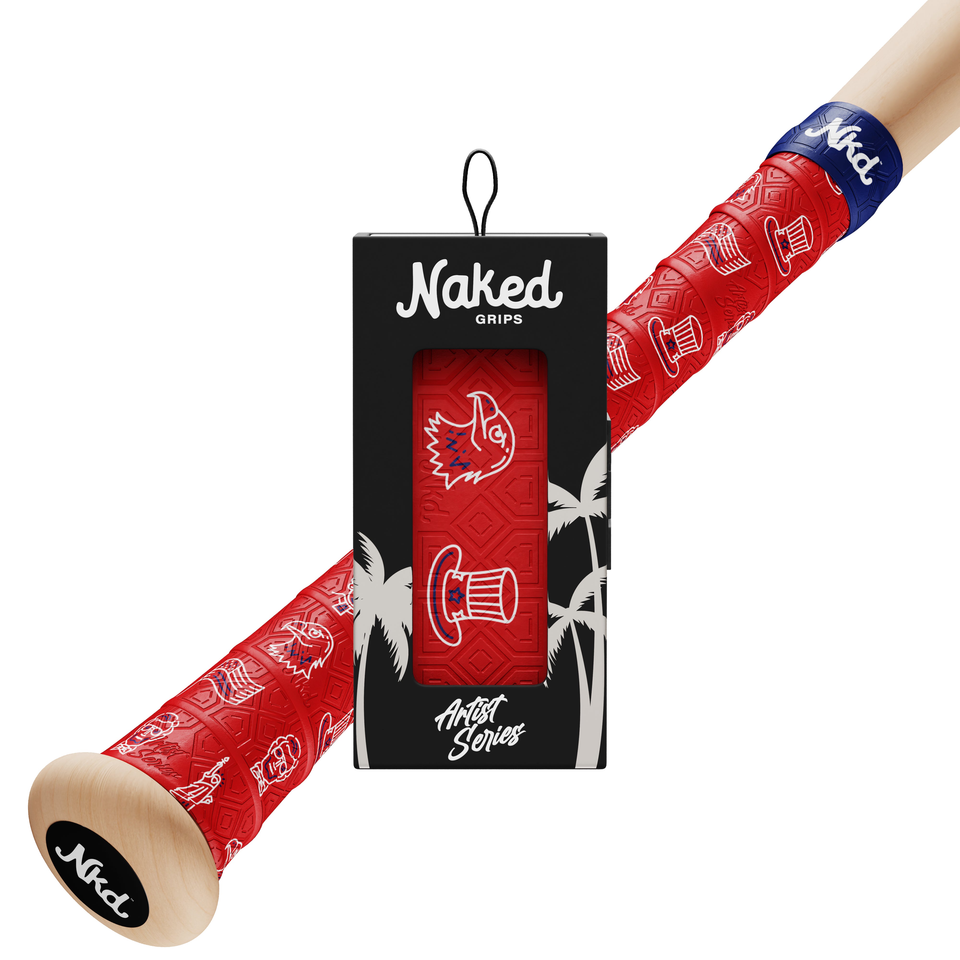 A limited edition bat grip celebrating America's 250th birthday. Photo has red bat grip with patriotic icons on it including flags, eagles, hats, statue of liberty with another bat grip in black artist series package in front of the bat handle.