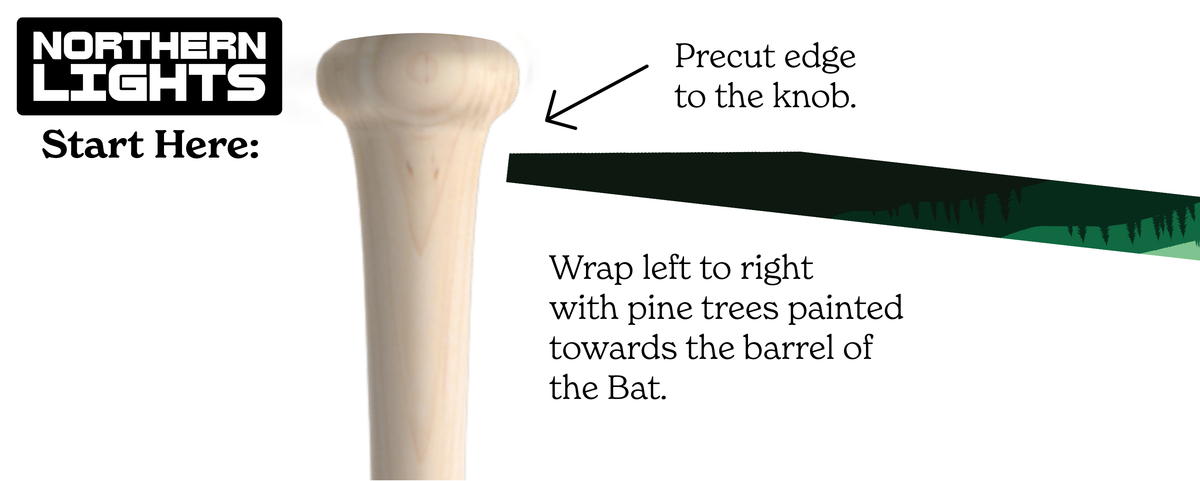 Instruction graphic for Northern Lights bat wood dowel blank, showing a light natural wood piece with text explaining how to cut the precut edge to match the knob and wrap the color around to match the bat's barrel.