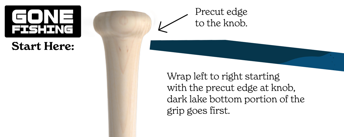 Instruction graphic for a fishing rod grip showing how to wrap the dark blue grip around a light wood butt cap, with text and arrows explaining the wrap direction.