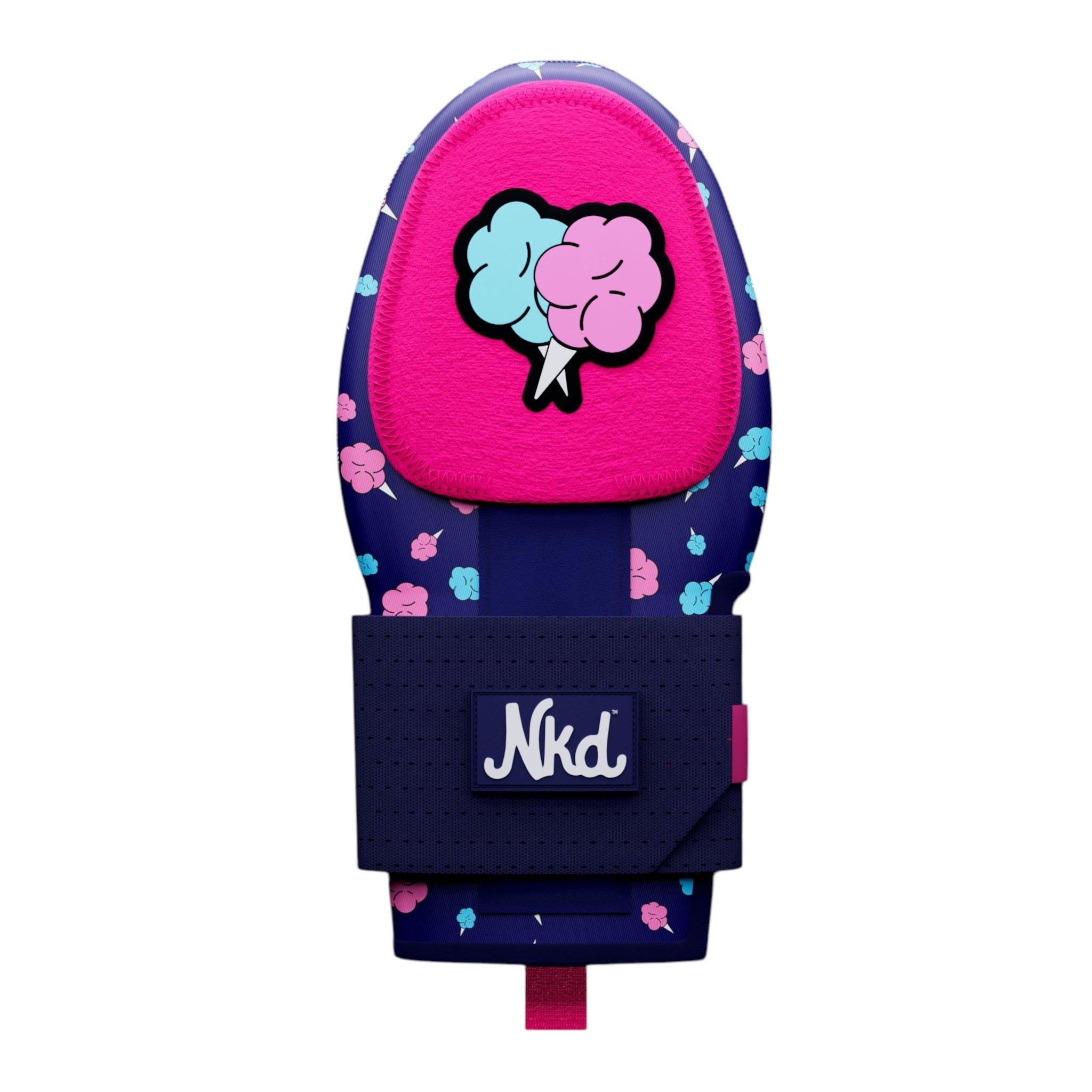 Photo of a dark blue sliding mitt decorated with pink and blue cotton candy icons printed all over and a large rubber cotton candy icon on a white background. 