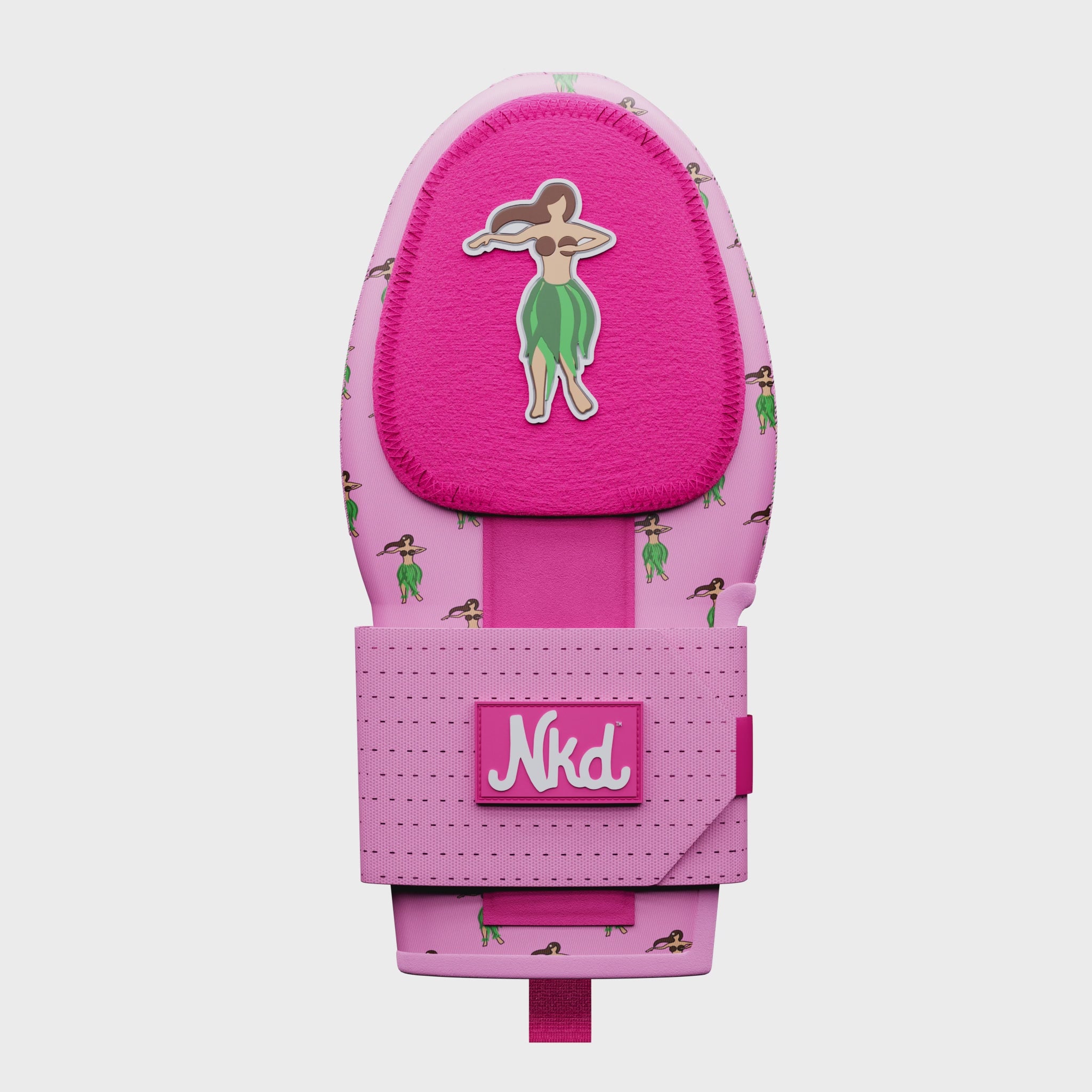 360 video of pink sliding mitt with bright pink top shell with rubber hula girl stamp stitched to top. Background features the same hula girl but on a light pink background. Strap has Nkd logo rubber stamp in a darker pink on a light pink strap.