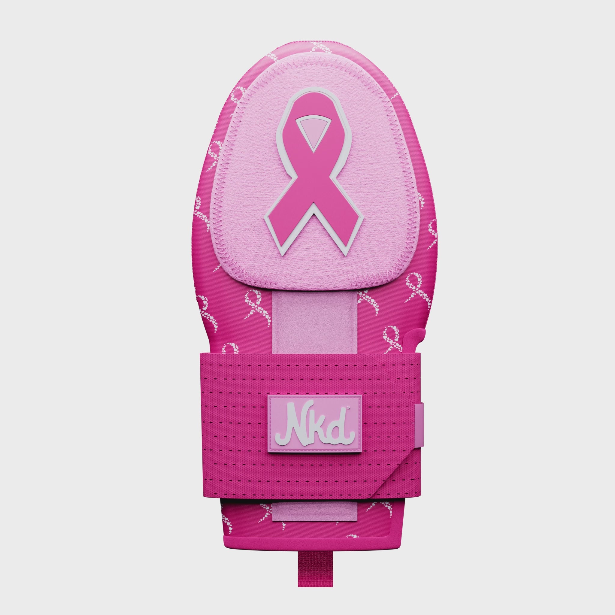 360 degree video of pink sliding mitt supporting breast cancer research. Mitt has large pink ribbon rubber stamp at top, stitched into the mitt. Mitt has pink backdrop with hearts making shapes of ribbons on mitt surround. Strap has Nkd logo.