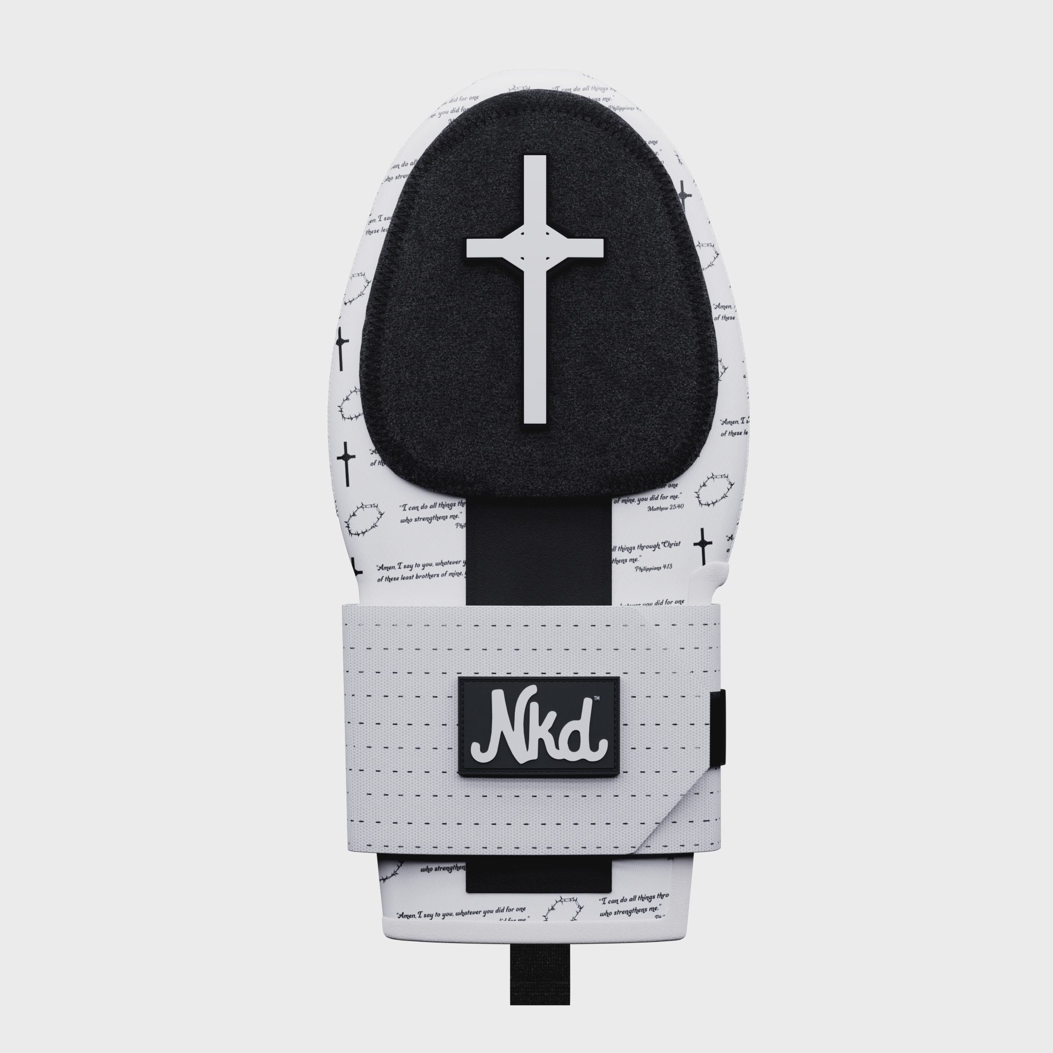 A 360 video of the Good News sliding mitt, a Christian-themed sliding mitt with a white Cross on a black background on the top of the mitt. The mitt surround features black crosses on a white background, a black crown of thorns, and two bible verses, Philipians 4:13 and Matthew 25:40.