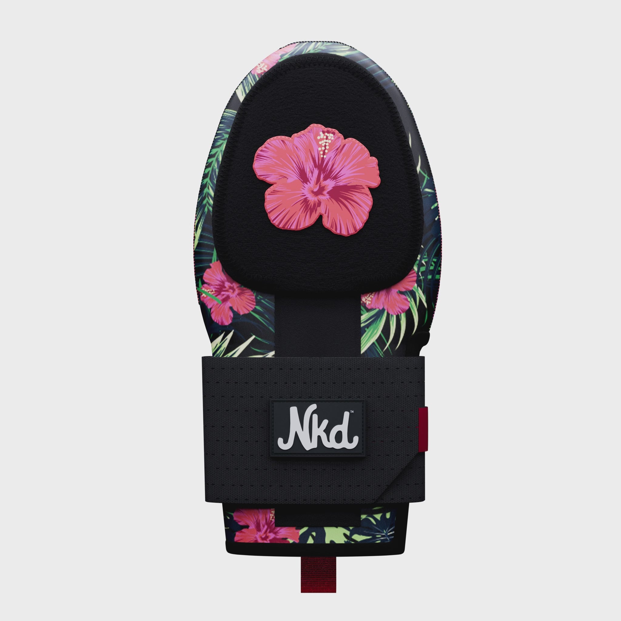 360 video of tropics sliding mitt on a white background. primary icon on sliding mitt is large pink hibiscus with hibiscus pattern on the broader mitt. nkd logo on wrist strap.