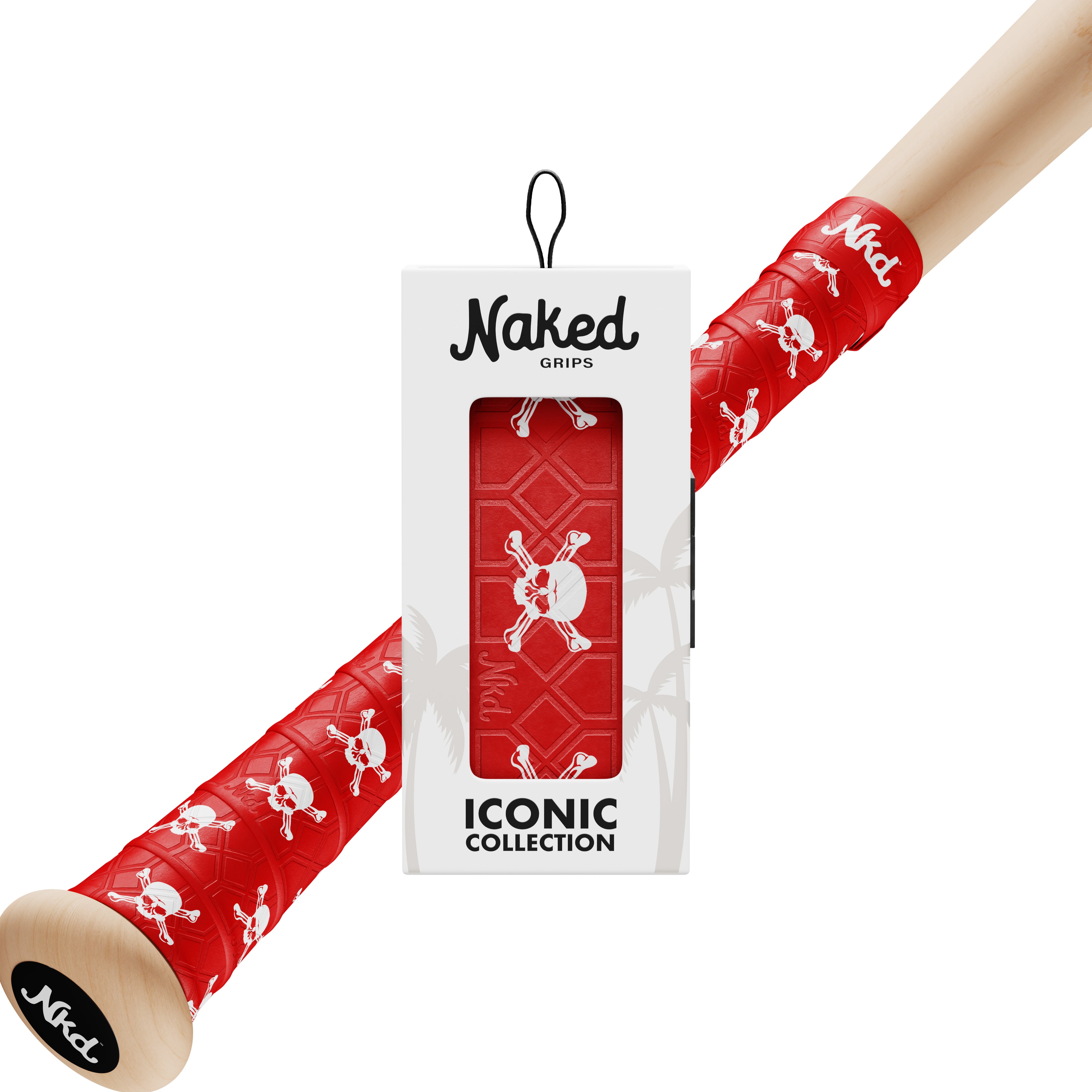 Naked grips skull bat grip in its packaging with a wooden bat wrapped in the skull bat grip on a white background.