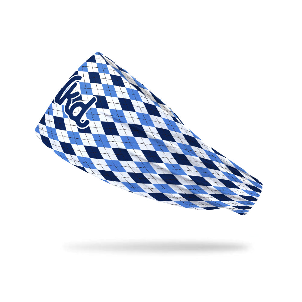 Photo of a white headband with a dark blue and light blue plaid pattern on a white background.