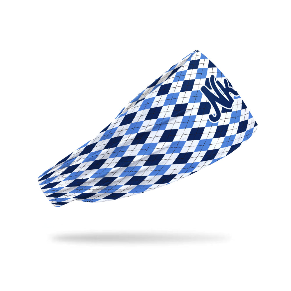 Photo of a white headband with a dark blue and light blue plaid pattern on a white background. 
