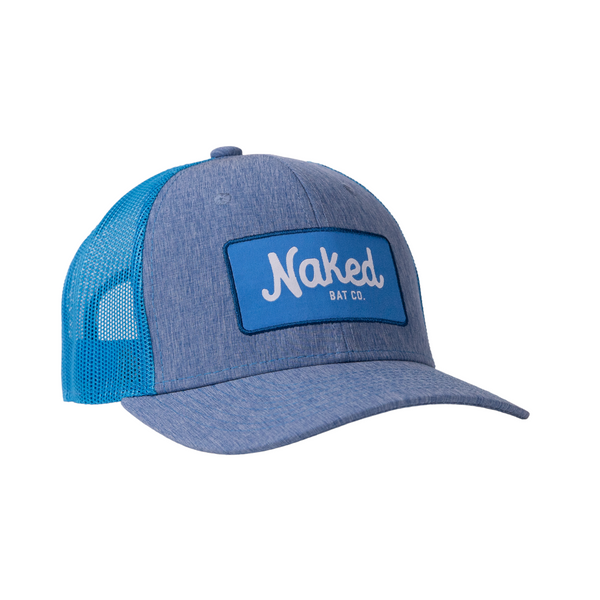 Naked bat co blue trucker hat front angled