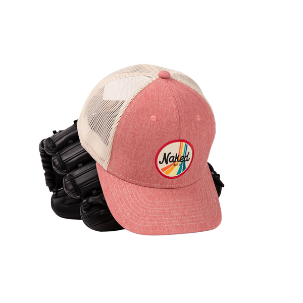 Naked bat co faded red trucker hat front with glove